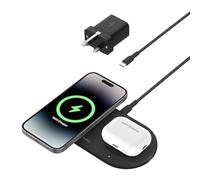 Belkin BoostCharge Pro Station de charge sans fil 2 en 1 avec Qi2 magnétique 15 W, chargeur sans fil pour iPhone à charge rapide compatible avec iPhone 16/15/14, AirPods, appareils compatibles MagSafe