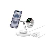 Station de recharge aimantee 3-en-1 (telephone, Apple Watch et AirPods), 15W, magnetique et compatible Qi2 adaptateur secteur et cable de 1,5m inclus, blanc.