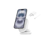 Belkin BoostCharge Socle de Recharge 2-en-1 aimanté et Pliable Qi2, 15W, Compatible MagSafe Chargeur sans Fil, Recharge Rapide, Apple iPhone 17, iPhone Air, Pixelsnap, Adaptateur Inclus - Blanc