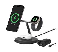 Belkin BoostCharge Support de Charge sans Fil 3 en 1 avec Qi2 15 W, Chargeur Rapide Compatible MagSafe pour iPhone 17, Air, 16, 15, 14, 13, 12, PixelSnap, AirPods, Apple Watch (Bloc d'alimentation