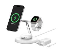Belkin BoostCharge Support de charge sans fil 3 en 1 avec Qi2 15 W, chargeur rapide compatible MagSafe pour iPhone 17, Air, 16, 15, 14, 13, 12, PixelSnap, AirPods, Apple Watch (bloc d'alimentation