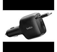 Belkin Chargeur Allume-cigare Universel 75W Noir - 1x USB-C + 1x USB-A, Câble Rétractable 0.75m, Protection Surchauffe/Sous-tension, CCC001HQBK