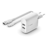 Belkin Chargeur Dual USB-A, 24W incl. câble USB-C 1m, blanc