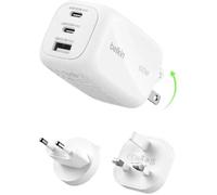 Belkin Chargeur GaN 100W 3 Ports USB-C/USB-A, Adaptateurs UE/R.-U./É.-U., Compatible MacBook, iPhone, Samsung, Pixel - Blanc.