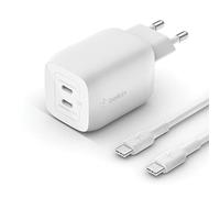 Belkin chargeur secteur double port USB-C 65 W, chargeur rapide Power Delivery 3.0 avec technologie GaN pour iPhone 16, iPhone 15, 14, iPad Pro, MacBook, Galaxy S24, Pixel (câble USB C-C inclus)