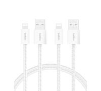 Belkin Lot de 2 câbles tressés USB-A vers Lightning de 1,5 m - Câble de charge rapide souple et flexible pour iPhone 14 et séries antérieures, iPad 9e génération et AirPods - Blanc