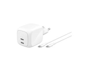 Belkin SmartProtect Chargeur USB C 67 W, Chargeur GaN 2 Ports, Câble 2 M Inclus, Recharge Rapide pour MacBook, iPhone 17, iPad Pro, Chromebook, Galaxy S25 Ultra, Pixel 10 - Blanc