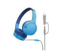 Belkin SoundForm Mini Casque Audio Enfant Filaire avec connecteurs USB-C et 3,5 mm, Micro et Autocollants, Volume de 85dB Max., pour apprentissages en Ligne, Voyages, iPhone, iPad, Galaxy, etc - Bleu