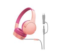 Belkin SoundForm Mini Casque Audio Enfant Filaire avec connecteurs USB-C et 3,5 mm, Micro et Autocollants, Volume de 85dB Max., pour apprentissages en Ligne, Voyages, iPhone, iPad, Galaxy, etc - Rose