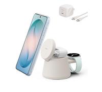 Belkin Station de charge sans fil 3 en 1 pour Samsung, Android - Qi2.2 25W Chargeur magnétique pour Galaxy S26, Pixel 10, iPhone 17, port USB C pour Galaxy, Pixel, & Apple Watch (chargeur de montre