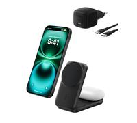Belkin UltraCharge Chargeur Induction Qi2 25W, Station de Charge 2 en 1 pour iPhone 17, iPhone Air, AirPods, Pixelsnap, Compatible avec MagSafe avec Port-USB-C et Adaptateur 45W - Noir