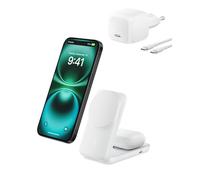 Belkin UltraCharge Chargeur Induction Qi2 25W, Station de Charge 2 en 1 pour iPhone 17, iPhone Air, AirPods, Pixelsnap, Compatible avec MagSafe avec Port-USB-C et Adaptateur 45W - Blanc