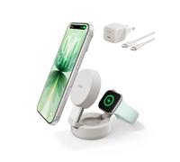Belkin UltraCharge Chargeur MagSafe 2-en-1, Socle De Recharge Qi2.2 25 W Aimanté Et Pliable pour iPhone 17, Apple Watch Series 10, Pixelsnap, etc. (Adaptateur 45 W Inclus, Beige