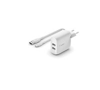 Belkin WCE001VF1MWH Chargeur Secteur USB-A Double Port 24W (2x12W) 4.8A Blanc avec Câble USB-A vers USB-C 1m, Compatible Universel