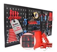 Belko® Ensemble de tableau à outils Rouge 2 pièces | chacun 120x60 cm (combinable en 240x60 cm ou 120x120 cm) | in nsemble de crochets et étagères 34 pièces | Tableau à outils en métal Pegboard