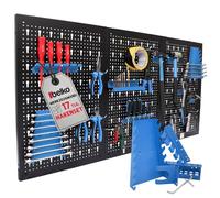 Belko Mur à outils bleu 120 x 60 cm avec lot de 17 crochets et étagères | Panneau perforé en métal avec porte-outils | Système d'emboîtement Pegboard pour atelier, garage et cave | Organiseur