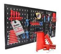 Belko Mur à outils rouge 120 x 60 cm avec lot de 17 crochets et étagères | Panneau perforé en métal avec porte-outils | Système d'emboîtement Pegboard pour atelier, garage et cave | Organiseur