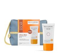 Bella Aurora Pack photoprotecteur anti-taches Ultra-Mat SPF 50 | Finition mate sans brillance | Protection UVA UVB IR HEV | Trousse en jean imperméable en cadeau