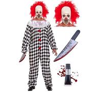 Bella Dox Costume de clown tueur d'horreur pour homme - Combinaison + perruque + couteau + faux tube de sang effrayant sinistre maléfique clown d'Halloween