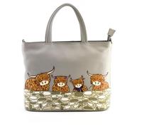 Bella Highland Cow Family Sac à main en cuir souple véritable avec bandoulière amovible Motif vache Highland 29,5 x 23 x 8 cm Gris noir ou bleu sarcelle, gris, 29.5 x 23 x 8 Centimeters