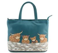 Bella Highland Cow Family Sac à main en cuir souple véritable avec bandoulière amovible Motif vache Highland 29,5 x 23 x 8 cm Gris noir ou bleu sarcelle, bleu sarcelle, 29.5 x 23 x 8 Centimeters