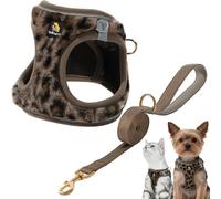 BELLA & PAL Harnais pour Petit Chien avec Laisse Corde, Anti-Traction pour Chiots Ajustable sans étranglement, en Peluche Douce, Réfléchissant et Confortable, Marron Léopard, XS