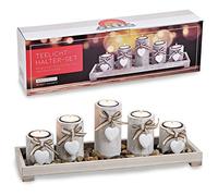Belladecora Lot de 6 photophores sur plateau en bois avec pierres (l x H x P) 38 x 12 x 11 cm Gris