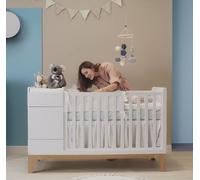 Bellamy UP! Lit Bébé Multifonctionnel 70x120 à 70x160 cm avec Tiroir et Table à langer | Lit Bébé Grandir avec Bébé, Bois, Chêne/Blanc + Matelas et Table à langer Lin Neige