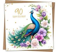 Belle carte d'anniversaire pour 90e anniversaire - Cartes d'anniversaire élégantes et florales paon pour 90e anniversaire