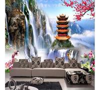 Belle Cascade Alpine Du Ciel Bleu Architecture De Fleurs De Prunier 3D Papier Peint Texture Soyeuse Intissé Salle à Manger Bureau D'étude Canapé Chambre Salon TV Mur-200cm×140cm