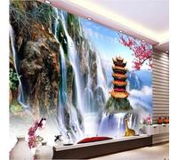 Belle Cascade Alpine Du Ciel Bleu Architecture De Fleurs De Prunier Papier Peint 3D Soie De Luxe Intissé Bureau Salle à Manger Canapé Chambre Salon TV Mural Décoratif-150cm×105cm