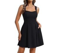 Belle Époque Robe courte pour femme A-Line col carré V manches courtes dos ouvert fluide avec poches, Noir , S