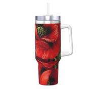Belle fleur de coquelicot rouge de 1,2 l avec poignée, tasse isotherme réutilisable pour boissons froides et chaudes