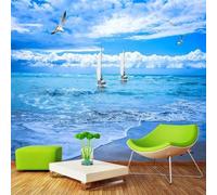Belle Fraîche Plage Ciel Bleu Nuages Blancs Voilier Papier Peint 3D Installation Facile Intissé Tapisserie Bureau Salon Canapé Chambre Décoration Murale-430cm×300cm