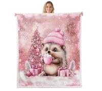 Belle Hérisson Couverture Kawaii Noël Animal Fille Plaid Canape, Arbre de Noël Couverture Canape 100x130cm Canapé Lit pour Enfants, Flocons de Neige de Vacances D'Hiver Rose Couverture Polaire