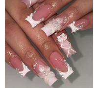 Belle manucure française avec perles délicates sophistiquées pour tout événement Blanc French Stone Flower Press on