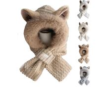 Belle oreille de renard deux - en - un chapeau et écharpe, belle femme Fox oreille chapeau en peluche écharpe combo, Fox oreille bonnet (Kaki,Taille unique)