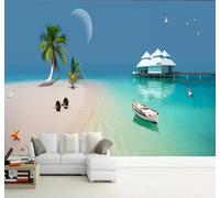 Belle Plage Cocotiers Mer Maisons Papier Peint 3D Installation Facile Intissé Tapisserie Bureau Salon Canapé Chambre Décoration Murale-250cm×170cm