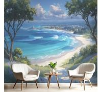 Belle Plage D'Été Papier Peint Décoratif, La Mer Et Le Ciel Papier Peint En Soie, Convient Pour Les Salons, Les Chambres, Salles Bains Murs Bureaux Bleu 350×256 Cm