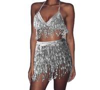 Belle robe vous un petit ensemble jupe costume femme à pompons costumes & ensembles robe noire femme manches longues paillettes, argenté, taille unique