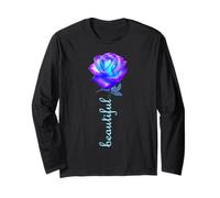 Belle Rose Bleue Violette sur Fond Noir Formes Mania Manche Longue