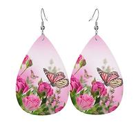 Belle Rose Et Papillon Femme Boucles D'Oreilles Faux Cuir Pendantes Dangle