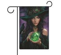 Belle sorcière avec une boule de cristal drapeau de jardin saisonnier vacances toile de jute double face maison cour drapeaux extérieurs 32 x 47 cm