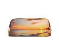 Belle trousse à crayons en cuir avec motif lever de soleil tropical sur la plage - Grande capacité - Trousse de maquillage en cuir pour homme et femme - Trousse de toilette de voyage avec fermeture