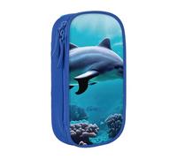 Belle trousse à crayons pratique avec imprimé dauphins du monde sous-marin - Plusieurs compartiments - Pour bureau, voyage, école, art quotidien, bleu, Taille unique, Poche de rangement