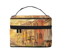 Belle trousse de maquillage de voyage imprimée avec vue sur le canal de Venise, organisateur de cosmétiques portable spacieux avec poignée, grande capacité, cadeau pour femmes et filles, Noir , Taille