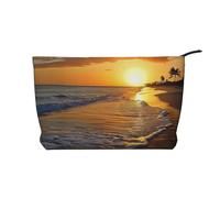 Belle trousse de maquillage jaune imprimé tournesol en velours côtelé trousse de toilette pour femmes, mamans et filles, Plage avec coucher de soleil, Taille unique, Trousse de toilette