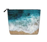 Belle trousse de maquillage portable motif vagues de l'océan, faux chanvre, grande trousse de maquillage résistante à l'eau, trousse de toilette de voyage