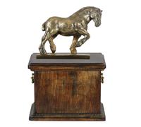 Belle urne en bois massif pour cheval avec Statue en Bronze - Cheval Belge
