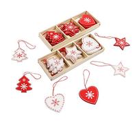 BELLE VOUS 24 Pcs Suspension Sapin de Noël en Bois - Décoration Sapin de Noel 6 Modèles x 4 Pcs Coeur, Sapin et Etoile Blancs et Rouges avec Ficelle Rouge dans Une Boite de Rangement